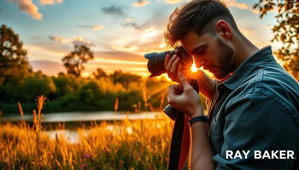 A picturesque landscape capturing the essence of golden hour photography, showcasing a tranquil scene at sunset. In the foreground, a professional photographer holding a camera, dressed in modest casual clothing, carefully adjusting settings on their lens, with soft light glistening on their face. The middle section features vibrant, sunlit foliage and wildflowers, illuminated by warm, golden light, emphasizing both the beauty and fleeting nature of this time. In the background, a serene lake reflects the colorful sky, with hints of orange, pink, and purple hues merging together. The atmosphere is serene yet dynamic, illustrating the challenges and opportunities presented by this magical moment, inviting viewers to appreciate the artistry of golden hour photography. PBT branding subtly integrated into the scene. Stay focused, Ray Baker. A picturesque landscape capturing the essence of golden hour photography, showcasing a tranquil scene at sunset. In the foreground, a professional photographer holding a camera, dressed in modest casual clothing, carefully adjusting settings on their lens, with soft light glistening on their face. The middle section features vibrant, sunlit foliage and wildflowers, illuminated by warm, golden light, emphasizing both the beauty and fleeting nature of this time. In the background, a serene lake reflects the colorful sky, with hints of orange, pink, and purple hues merging together. The atmosphere is serene yet dynamic, illustrating the challenges and opportunities presented by this magical moment, inviting viewers to appreciate the artistry of golden hour photography. PBT branding subtly integrated into the scene. Stay focused, Ray Baker.
