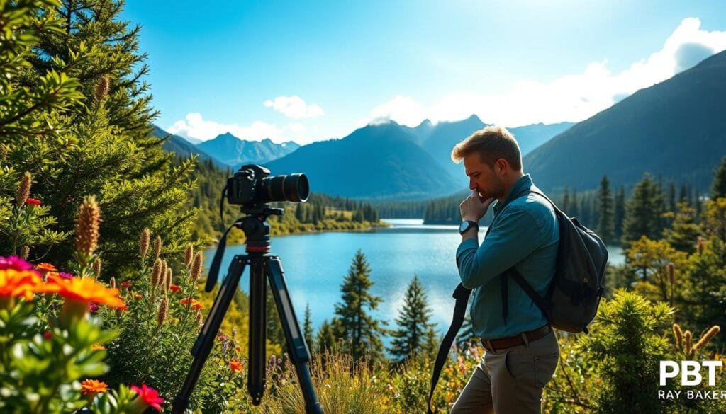 A professional photographer is thoughtfully analyzing a natural landscape, surrounded by lush greenery and vibrant flowers. In the foreground, the photographer, dressed in casual yet professional clothing, adjusts the tripod at a slight angle, showcasing a skilled approach to composition techniques. The middle ground features a serene lake reflecting the bright blue sky, while in the background, majestic mountains rise, partially shrouded in wisps of clouds. Soft, golden hour lighting bathes the scene, casting gentle shadows and highlighting details. The atmosphere is calm and focused, conveying the essence of mastering photography composition techniques, blending artistry with nature seamlessly. Include the subtle brand logo “PBT” in the corner, ensuring it does not distract from the composition. Stay focused, Ray Baker. A professional photographer is thoughtfully analyzing a natural landscape, surrounded by lush greenery and vibrant flowers. In the foreground, the photographer, dressed in casual yet professional clothing, adjusts the tripod at a slight angle, showcasing a skilled approach to composition techniques. The middle ground features a serene lake reflecting the bright blue sky, while in the background, majestic mountains rise, partially shrouded in wisps of clouds. Soft, golden hour lighting bathes the scene, casting gentle shadows and highlighting details. The atmosphere is calm and focused, conveying the essence of mastering photography composition techniques, blending artistry with nature seamlessly. Include the subtle brand logo “PBT” in the corner, ensuring it does not distract from the composition. Stay focused, Ray Baker.