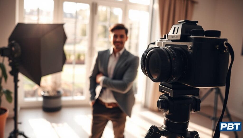 A professional photographer's workspace showcases a well-lit setup for portrait photography, emphasizing the crucial role of camera settings. In the foreground, a stylish camera with a prominent lens is placed on a sturdy tripod, with its dials showcasing various aperture settings. Soft, diffused natural light streams in from a large window, creating a warm, inviting atmosphere. In the middle ground, a model in smart casual attire is posed attentively, demonstrating a relaxed yet engaging expression. The backdrop features a softly blurred garden scene, complementing the portrait focus. Subtle shadows play across the scene, hinting at depth and texture. The entire ambiance conveys professionalism and creativity, highlighting the importance of understanding camera settings for beautiful portraiture. PBT logo subtly integrated within the scene. Stay focused, Ray Baker.