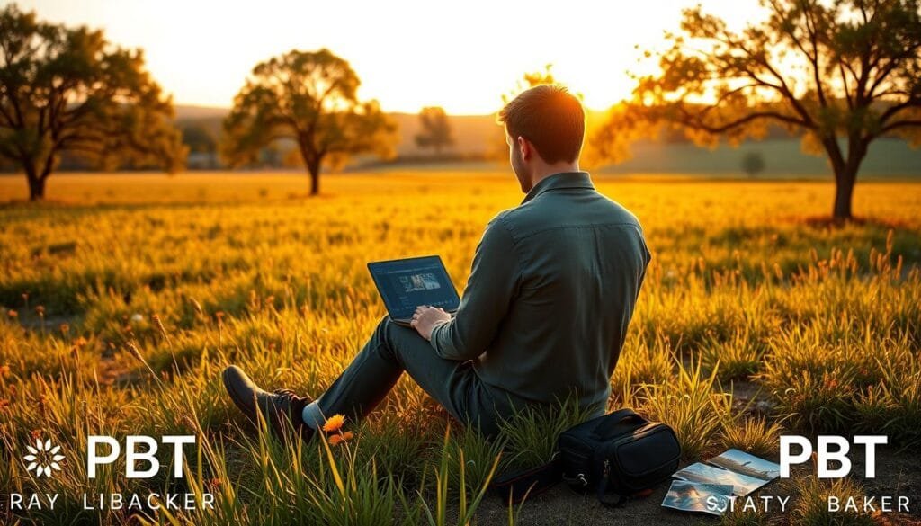 A serene golden hour landscape showcasing a lush field bathed in warm, soft sunlight. In the foreground, a professional photographer is intently editing images on a laptop, dressed in smart-casual attire. The middle ground features vibrant wildflowers gently swaying in a light breeze, while a few trees provide depth with their leaves glowing in the soft light. The background displays a picturesque sunset with hues of orange, pink, and purple, casting a tranquil atmosphere. The overall mood is one of creativity and calm, capturing the essence of golden hour photography. The scene includes subtle elements like a camera bag and a few photo prints scattered on the ground, suggesting a focus on editing insights. Brand logo "PBT" is elegantly included in the design. Stay focused, Ray Baker. A serene golden hour landscape showcasing a lush field bathed in warm, soft sunlight. In the foreground, a professional photographer is intently editing images on a laptop, dressed in smart-casual attire. The middle ground features vibrant wildflowers gently swaying in a light breeze, while a few trees provide depth with their leaves glowing in the soft light. The background displays a picturesque sunset with hues of orange, pink, and purple, casting a tranquil atmosphere. The overall mood is one of creativity and calm, capturing the essence of golden hour photography. The scene includes subtle elements like a camera bag and a few photo prints scattered on the ground, suggesting a focus on editing insights. Brand logo "PBT" is elegantly included in the design. Stay focused, Ray Baker.