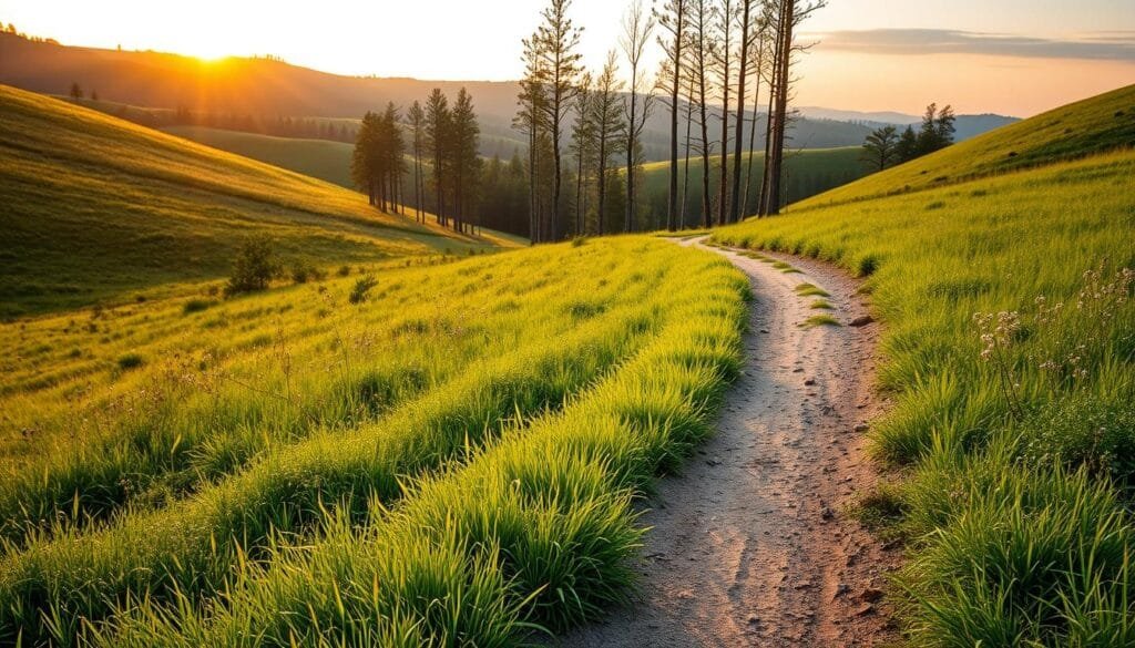 A serene landscape featuring a winding path defined by strong, dynamic leading lines. In the foreground, lush, vibrant green grass gently curves towards the viewer, flanked by delicate wildflowers. The middle ground showcases a well-trodden dirt trail that snakes through a light forest with tall trees, their trunks forming vertical lines that guide the eye deeper into the scene. The background reveals rolling hills bathed in soft golden light during the golden hour, enhancing the depth of the composition. The sky is painted with warm hues of orange and pink, creating a tranquil mood. Capture this image with a wide-angle lens at a low angle to emphasize the lines, ensuring the scene emanates a sense of journey and discovery. No text overlays or logos are present. PBT. Stay focused, Ray Baker.
