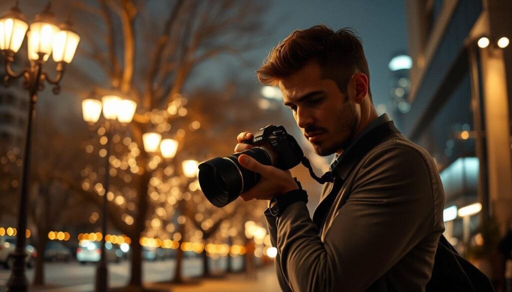A serene low light photography scene showcasing a stylish urban environment, illuminated by soft ambient light from street lamps and nearby windows. In the foreground, a professional photographer with a DSLR camera set to high ISO settings captures the enchanting atmosphere. The photographer wears smart casual clothing, blending into the scene while remaining focused on their craft. The middle ground features blurred silhouettes of trees with twinkling lights creating a magical bokeh effect. In the background, a softly lit city skyline adds depth and context. The overall mood is calm and inviting, evoking creativity through the use of natural light sources. Emphasize the PBT camera brand logo subtly on the camera body. The image conveys techniques for achieving cleaner images in low light conditions with an artistic touch. Stay focused, Ray Baker.