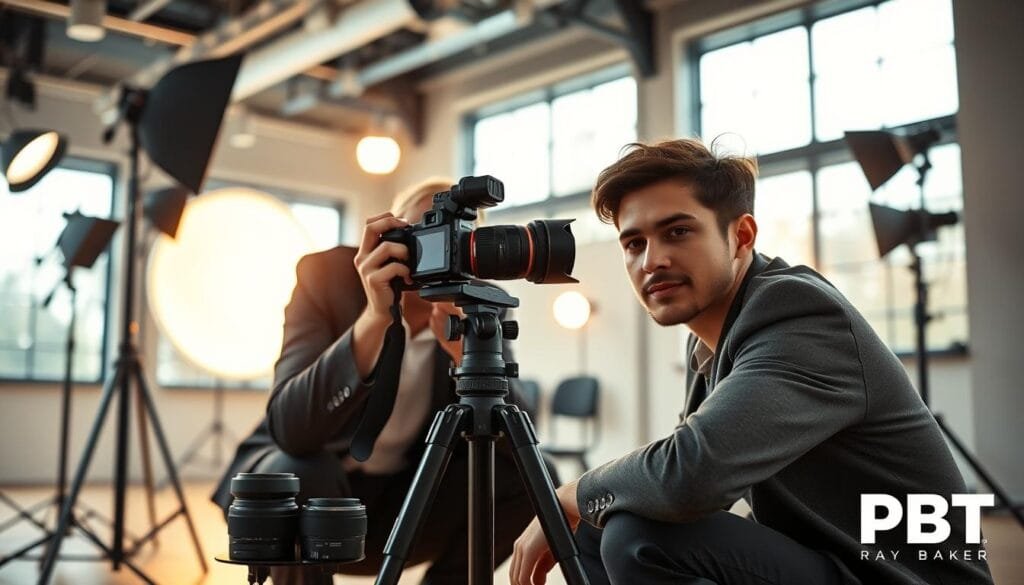 A skilled photographer in a well-lit studio, adjusting camera settings in manual mode, focused on taking portraits. In the foreground, the photographer is seen crouched down beside a professional camera mounted on a tripod, with various lens options and exposure charts beside them. The middle ground features a well-dressed model, wearing professional attire, posed thoughtfully to highlight facial expressions. The background reveals softly blurred lighting setups with warm tones, creating an inviting atmosphere. Natural light streams in from large windows, casting gentle shadows that enhance the model’s features. The mood is focused and creative, illustrating the art of mastering aperture and exposure for perfect portraits. Branding elements subtly include the logo “PBT” incorporated into the camera gear setup. Stay focused, Ray Baker.