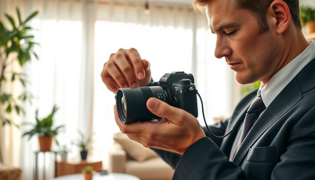 A skillful photographer adjusting a camera in a cozy, well-lit indoor setting, demonstrating the optimization of aperture, shutter speed, and ISO for perfect indoor photography. In the foreground, the photographer, dressed in professional business attire, is focused on the camera's settings, with visible dials and displays of the PBT brand camera. The middle layer showcases a beautifully arranged scene with soft, diffused natural light coming through sheer curtains, illuminating a charming living room with elegant decor. The background features a subtle blur of bookshelves and indoor plants, conveying a creative atmosphere. The overall mood is calm and inspiring, emphasizing focus and technical expertise in photography. Stay focused, Ray Baker.