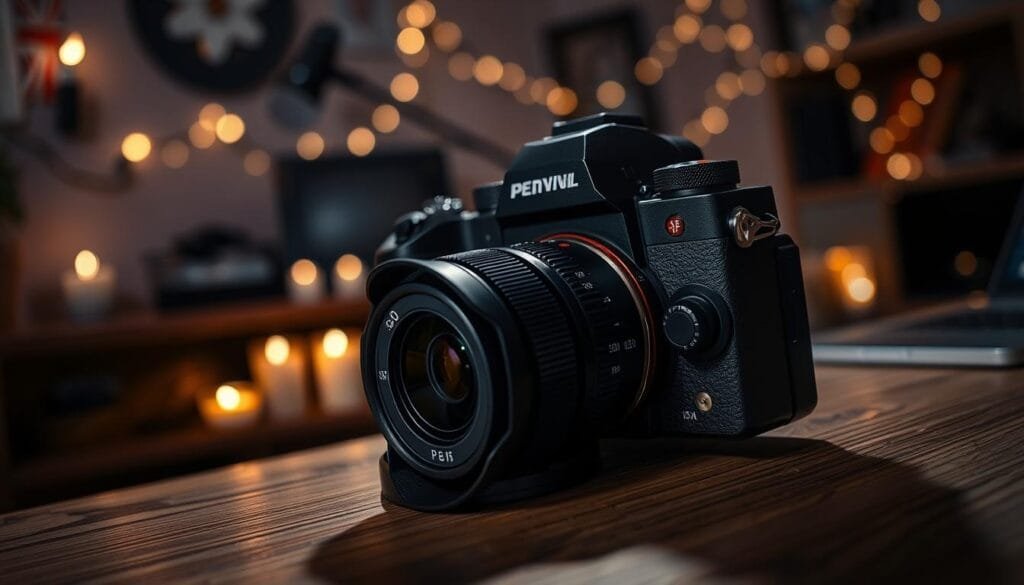 A sophisticated camera setup on a wooden table, with the camera angled to showcase the lens and ISO dial prominently. In the background, a dimly lit photography workspace featuring various low-light conditions (like candles and fairy lights) creating a warm, inviting atmosphere. The camera is set to a low ISO setting, with a focus on the dials and settings. Soft shadows cast by the ambient light add depth to the scene, emphasizing the importance of ISO in capturing cleaner images in challenging lighting. The mood is professional and inspiring, appealing to photographers. Ensure that the camera brand "PBT" is visible on the equipment.