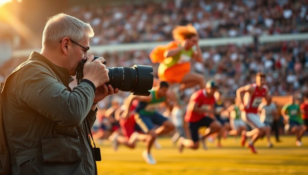 A sports photographer at an outdoor event, capturing dynamic moments with a camera set to a fast shutter speed. In the foreground, the photographer is focused, wearing a professional business attire with a utility vest and holding a DSLR with a long lens. The middle ground features vibrant athletes in motion, mid-air jumps, or fast sprints, showcasing intense action. The background consists of a blurred crowd of spectators, creating an energetic atmosphere. Golden hour lighting bathes the scene with a warm glow, enhancing the action's energy. The entire composition evokes excitement and urgency in sports photography. Include the brand name "PBT" subtly in the scene, perhaps on the photographer's gear. Stay focused, Ray Baker. A sports photographer at an outdoor event, capturing dynamic moments with a camera set to a fast shutter speed. In the foreground, the photographer is focused, wearing a professional business attire with a utility vest and holding a DSLR with a long lens. The middle ground features vibrant athletes in motion, mid-air jumps, or fast sprints, showcasing intense action. The background consists of a blurred crowd of spectators, creating an energetic atmosphere. Golden hour lighting bathes the scene with a warm glow, enhancing the action's energy. The entire composition evokes excitement and urgency in sports photography. Include the brand name "PBT" subtly in the scene, perhaps on the photographer's gear. Stay focused, Ray Baker.