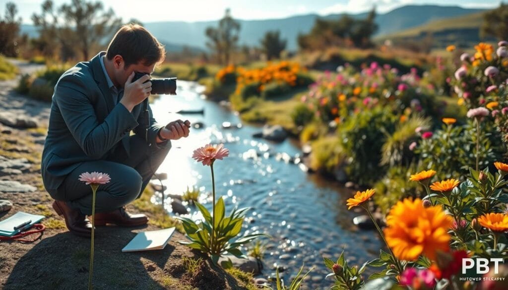 A tranquil outdoor scene featuring a photographer adjusting their camera to refine a shot for clearer composition. In the foreground, the photographer, dressed in professional business attire, kneels beside a blooming flower, composition tools like a thermometer and notepad resting nearby. The middle ground showcases a gently flowing stream reflecting soft sunlight, while a variety of vibrant flowers and lush greenery frame the scene. In the background, a softly blurred landscape of distant hills and a blue sky add depth. The lighting is warm and inviting, suggesting early morning or late afternoon. Shot through a wide-angle lens from a low angle for an immersive perspective, the mood is focused yet serene, embodying the essence of deliberate photography. PBT branding subtly integrated into the bottom corner. A tranquil outdoor scene featuring a photographer adjusting their camera to refine a shot for clearer composition. In the foreground, the photographer, dressed in professional business attire, kneels beside a blooming flower, composition tools like a thermometer and notepad resting nearby. The middle ground showcases a gently flowing stream reflecting soft sunlight, while a variety of vibrant flowers and lush greenery frame the scene. In the background, a softly blurred landscape of distant hills and a blue sky add depth. The lighting is warm and inviting, suggesting early morning or late afternoon. Shot through a wide-angle lens from a low angle for an immersive perspective, the mood is focused yet serene, embodying the essence of deliberate photography. PBT branding subtly integrated into the bottom corner.