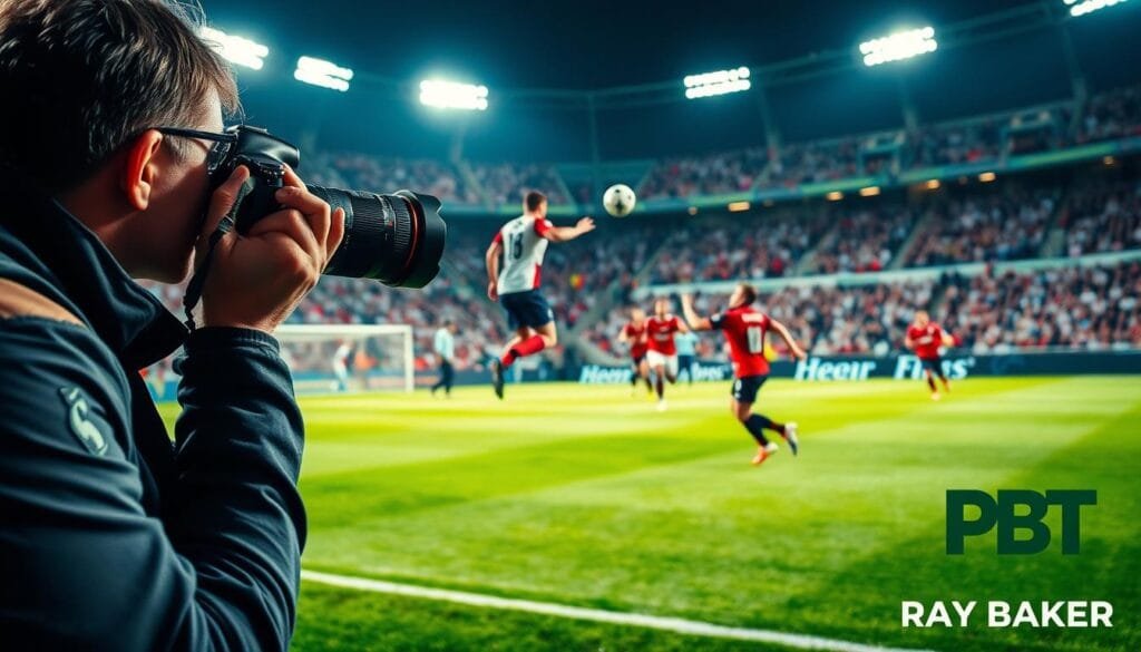 A vibrant sports photography scene capturing a dynamic soccer match in action. In the foreground, a skilled photographer, dressed in professional sports attire, uses a DSLR camera with a long telephoto lens, focusing intently on the players. The middle ground features two athletes, one in mid-air performing a spectacular header and the other stretching to intercept the ball, both frozen in sharp detail due to high shutter speed. The background shows a cheering crowd, blurred to emphasize the action in the foreground. The stadium is illuminated by bright floodlights, creating an electrifying atmosphere. The overall mood conveys excitement and intensity, showcasing the art of freezing motion in sports photography. PBT logo subtly positioned in the corner. Stay focused, Ray Baker. A vibrant sports photography scene capturing a dynamic soccer match in action. In the foreground, a skilled photographer, dressed in professional sports attire, uses a DSLR camera with a long telephoto lens, focusing intently on the players. The middle ground features two athletes, one in mid-air performing a spectacular header and the other stretching to intercept the ball, both frozen in sharp detail due to high shutter speed. The background shows a cheering crowd, blurred to emphasize the action in the foreground. The stadium is illuminated by bright floodlights, creating an electrifying atmosphere. The overall mood conveys excitement and intensity, showcasing the art of freezing motion in sports photography. PBT logo subtly positioned in the corner. Stay focused, Ray Baker.
