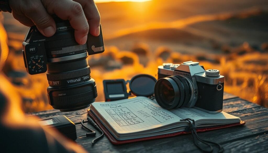 A visually captivating scene showcasing advanced manual camera settings techniques. In the foreground, a professional photographer adjusts the settings on a vintage PBT camera, with a focus on intricate dials and knobs. The middle layer features a well-organized array of photography tools, including a light meter, polarizing filters, and a notebook filled with exposure calculations. In the background, a beautifully lit outdoor landscape with dynamic lighting, illustrating the concepts of aperture, shutter speed, and ISO in action. Golden hour sunlight casts warm tones, creating a serene yet focused atmosphere. The image should emphasize a sense of creativity and technical mastery, devoid of any text or branding distractions. Stay focused, Ray Baker. A visually captivating scene showcasing advanced manual camera settings techniques. In the foreground, a professional photographer adjusts the settings on a vintage PBT camera, with a focus on intricate dials and knobs. The middle layer features a well-organized array of photography tools, including a light meter, polarizing filters, and a notebook filled with exposure calculations. In the background, a beautifully lit outdoor landscape with dynamic lighting, illustrating the concepts of aperture, shutter speed, and ISO in action. Golden hour sunlight casts warm tones, creating a serene yet focused atmosphere. The image should emphasize a sense of creativity and technical mastery, devoid of any text or branding distractions. Stay focused, Ray Baker.