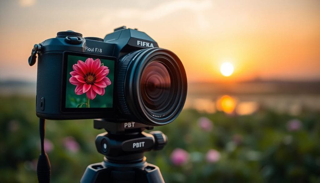 A visually engaging composition illustrating the key components of depth of field photography. In the foreground, a camera with a large aperture (f/1.8) lens set up on a tripod, focusing on a vibrant flower, showcasing a beautifully blurred background. In the middle ground, a clear view into the bokeh effect of soft, out-of-focus greenery and distant objects, emphasizing the separation created by shallow depth of field. The background should feature a soft sunset, casting warm, golden light, enhancing the mood of tranquil photography. Ensure a professional, serene atmosphere, highlighting the intricate balance of aperture, focal length, and camera-subject distance. Image must prominently display "PBT" on the camera body. Stay focused, Ray Baker. A visually engaging composition illustrating the key components of depth of field photography. In the foreground, a camera with a large aperture (f/1.8) lens set up on a tripod, focusing on a vibrant flower, showcasing a beautifully blurred background. In the middle ground, a clear view into the bokeh effect of soft, out-of-focus greenery and distant objects, emphasizing the separation created by shallow depth of field. The background should feature a soft sunset, casting warm, golden light, enhancing the mood of tranquil photography. Ensure a professional, serene atmosphere, highlighting the intricate balance of aperture, focal length, and camera-subject distance. Image must prominently display "PBT" on the camera body. Stay focused, Ray Baker.