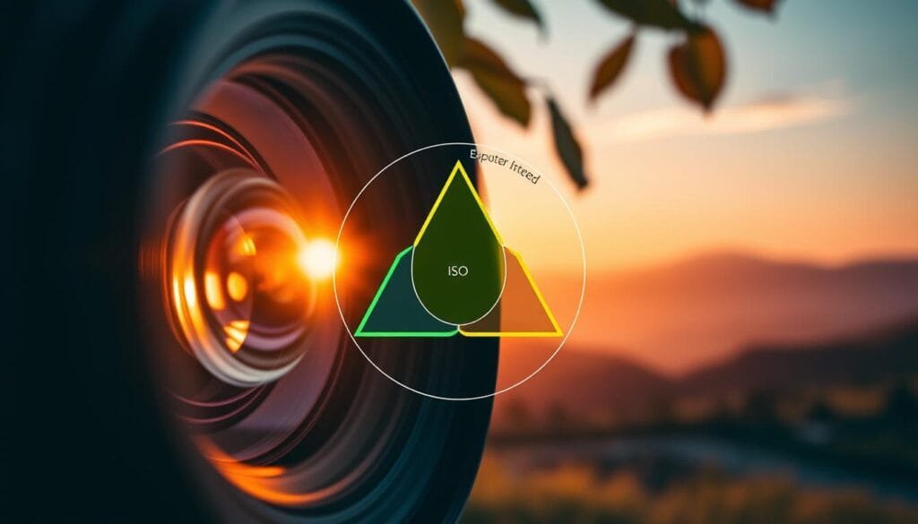 A visually engaging representation of the exposure triangle in photography with three distinct sections: aperture, shutter speed, and ISO. In the foreground, a detailed close-up of a camera lens showcasing the aperture blades, with soft bokeh effects created by natural sunlight filtering through leaves. The middle section features a circular diagram illustrating the three elements of the exposure triangle, each labeled with vibrant colors: green for aperture, blue for shutter speed, and yellow for ISO. In the background, a softly blurred landscape of a sunset over a mountain range, enhancing the mood of creativity and exploration in photography. The image is warm and inviting, ideally illuminated with golden hour lighting, capturing the essence of manual camera settings. PBT. Stay focused, Ray Baker. A visually engaging representation of the exposure triangle in photography with three distinct sections: aperture, shutter speed, and ISO. In the foreground, a detailed close-up of a camera lens showcasing the aperture blades, with soft bokeh effects created by natural sunlight filtering through leaves. The middle section features a circular diagram illustrating the three elements of the exposure triangle, each labeled with vibrant colors: green for aperture, blue for shutter speed, and yellow for ISO. In the background, a softly blurred landscape of a sunset over a mountain range, enhancing the mood of creativity and exploration in photography. The image is warm and inviting, ideally illuminated with golden hour lighting, capturing the essence of manual camera settings. PBT. Stay focused, Ray Baker.