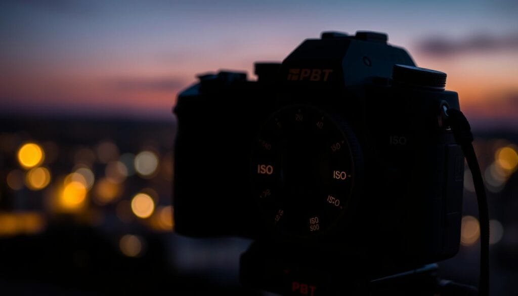 A visually striking representation of ISO settings for low light photography. In the foreground, a high-quality camera with a visible ISO dial set at varying settings, illuminated softly by a warm light source, reflecting the nuanced adjustments needed for clarity in dark conditions. The middle layer features a dark, blurred scene depicting a nighttime setting, such as an urban landscape with faint lights, enhancing the concept of low light challenges. The background consists of a rich, gradient twilight sky, hinting at the transition from day to night, creating an atmosphere of tranquility and focus on technique. The overall mood should convey a sense of calm discovery, essential for unlocking cleaner images. Highlight the logo "PBT" subtly on the camera. Stay focused, Ray Baker.