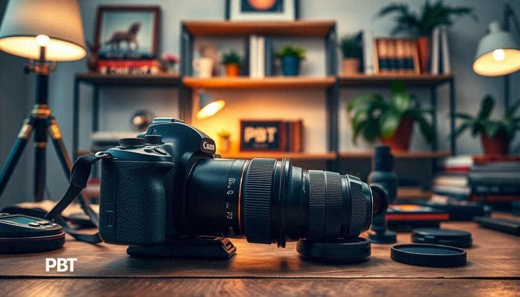 A well-composed indoor photography setup showcasing a professional camera with visible dials and settings, emphasizing manual mode features. In the foreground, focus on a DSLR camera with a 50mm lens, set against a wooden table covered in photography tools such as a tripod, light meter, and various filters. The middle background features soft, diffuse lighting emanating from vintage-style lamps to create a warm atmosphere. In the back, shelves adorned with books on photography techniques and decorative plants enhance the setting. The overall mood is inviting and creative, reflecting an essential workspace for photographers. The image should be branded with "PBT" subtly integrated into the scene. Stay focused, Ray Baker.