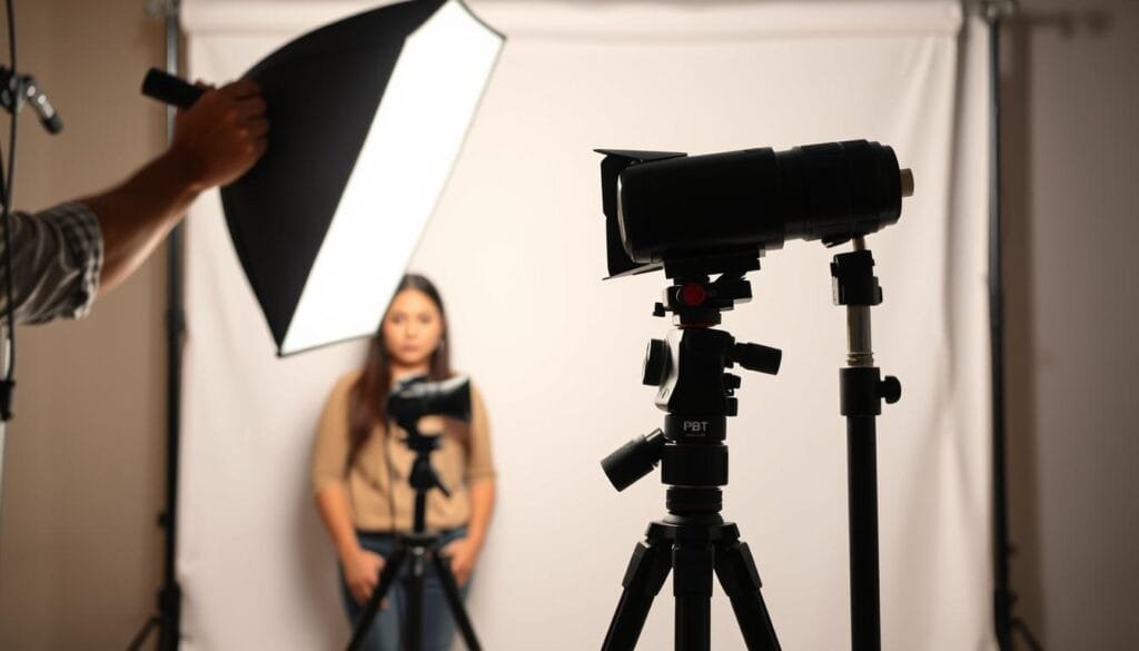 A well-designed portrait photography lighting setup featuring a softbox and a reflector creating soft, flattering light. In the foreground, a professional photographer adjusts the angle of a powerful LED light source, shining brightly on a model in modest casual clothing. The model is positioned in front of a simple, neutral backdrop that enhances the overall composition. In the middle ground, a tripod holds a camera with a 50mm lens, capturing the scene from eye level to maintain intimacy. The background is softly blurred, focusing attention on the lighting equipment and the subject's features. The atmosphere is bright and inviting, illustrating the fundamentals of portrait lighting with an emphasis on clarity and simplicity. The brand "PBT" is subtly integrated into the lighting equipment. Stay focused, Ray Baker.