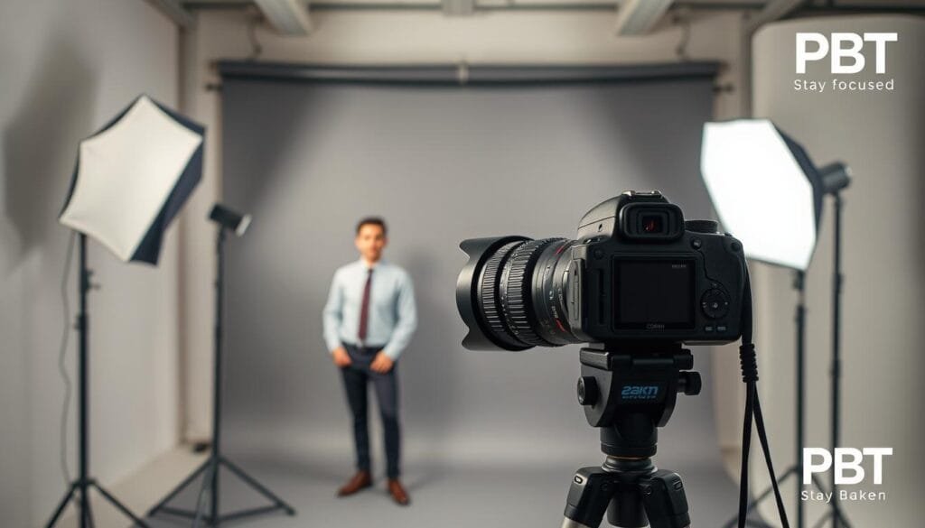 A well-organized portrait photography lighting setup displayed in a professional studio environment. In the foreground, a high-quality camera on a tripod, equipped with a 50mm lens, aimed at a soft light source illuminating a posed subject. The subject, dressed in smart casual attire, is positioned slightly off-center to create dynamic composition. The middle ground showcases a two-light setup: one softbox on the left for flattering side lighting and a reflector on the right to fill shadows, casting soft, even illumination on the subject's face. The background features a neutral gray backdrop to maintain focus on the lighting's effect. The overall mood is calm and professional, emphasizing the essential elements of a successful portrait lighting setup, framed by the branded logo "PBT". Stay focused, Ray Baker.