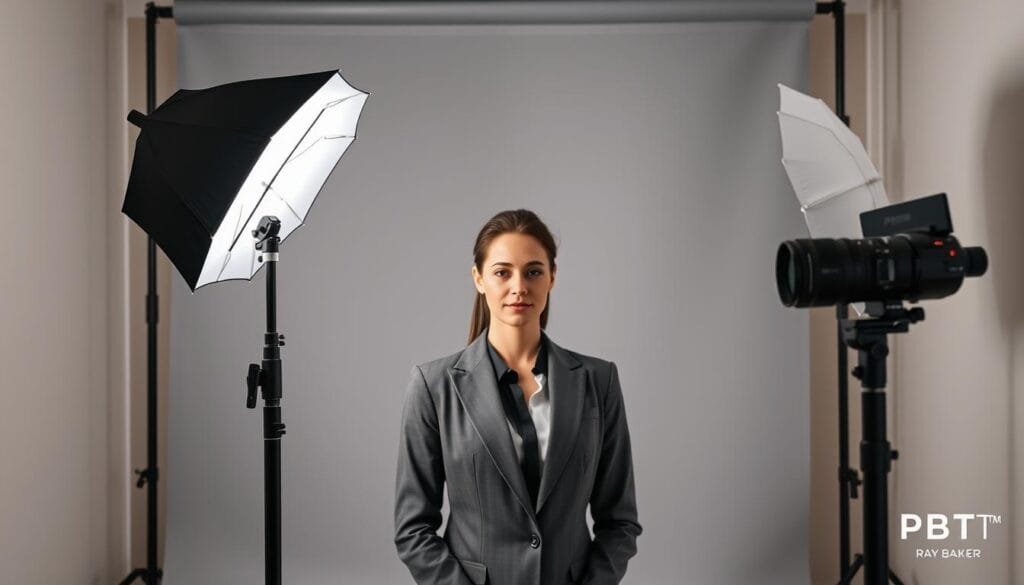 A well-organized portrait photography lighting setup in a professional studio environment. In the foreground, a sleek lighting stand holding a softbox aimed at a model, who is dressed in professional business attire. The middle layer includes an umbrella light to the side, creating a balanced, flattering illumination on the subject’s face. In the background, a seamless backdrop in a soft gray color provides a subtle yet elegant ambiance. The lighting is set to a soft, warm tone, casting gentle shadows that enhance the model's features. A Canon 85mm lens is symbolically included, emphasizing the photography gear used. The atmosphere conveys a sense of professionalism and creativity, ideal for capturing stunning portraits. PBT branding integrated into the design elements for authenticity. Stay focused, Ray Baker.