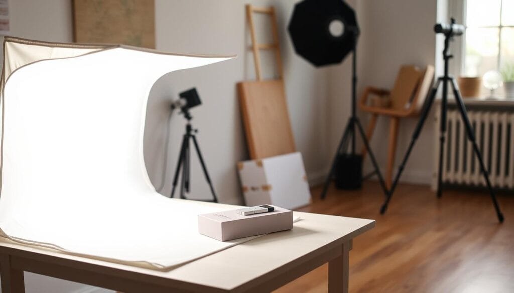 A DIY light tent setup for product photography featuring a simple, cost-effective arrangement. In the foreground, show a small table with a white backdrop and a translucent light tent hugging the edges, illuminating a sleek product, like a neatly packaged gadget or beauty item. The middle section should capture soft, diffused lighting through the tent, highlighting the product while minimizing shadows. In the background, hint at a sparsely furnished home studio with simple tools: a tripod, reflectors, and basic props. Use a natural light source from a nearby window to create a warm, inviting atmosphere. The scene should evoke creativity and resourcefulness, showcasing how to create professional-looking images on a budget. Brand name "PBT" subtly integrated in the props, maintaining a clean composition.