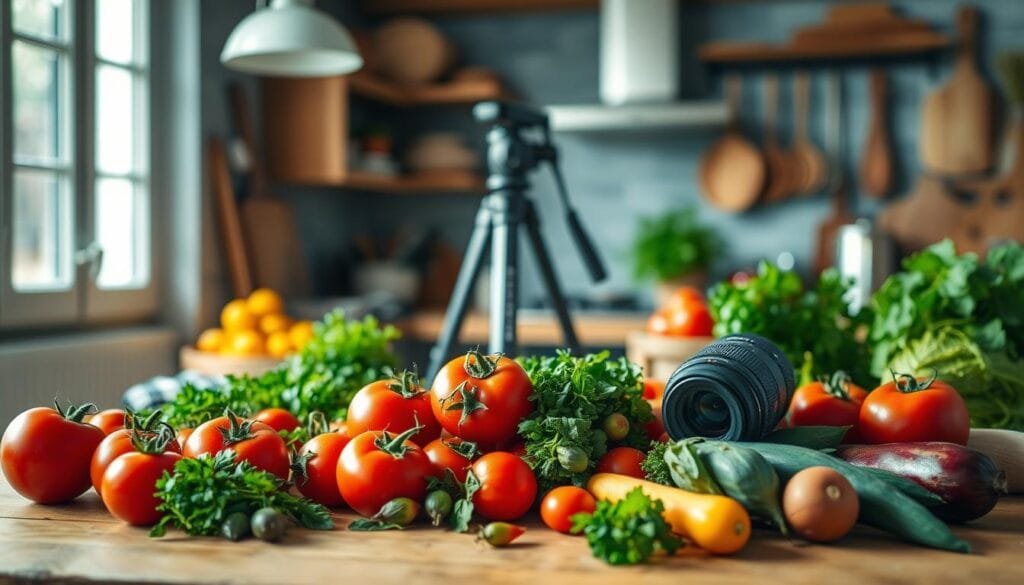 A beautifully arranged food photography lighting setup showcasing a rustic kitchen environment. In the foreground, a wooden table holds an array of colorful, fresh ingredients: ripe tomatoes, fragrant herbs, and vibrant green vegetables. The middle showcases a soft, diffused natural light coming from a large window to the left, casting gentle shadows that add depth to the scene. A tripod with a high-quality lens is positioned at eye level, emphasizing the details of the food. The background features a blurred view of kitchen tools and rustic cookware, enhancing the inviting atmosphere of a home studio. The mood is warm and welcoming, perfect for highlighting everyday dishes as fresh and natural. PBT branding subtly included in the arrangement without overt prominence. Stay focused, Ray Baker.