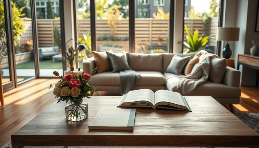 A beautifully designed living room interior, showcasing inviting composition strategies. In the foreground, a stylish coffee table adorned with fresh flowers and an open book invites interaction. The middle ground features a cozy sofa with soft throw blankets, positioned to create an inviting atmosphere. A large window in the background allows natural light to flood the space, illuminating warm wood floors and accentuating the room's neutral color palette. Outside the window, a well-maintained garden with vibrant plants adds an inviting pop of color. The image captures a warm, welcoming mood, emphasizing the serene blend of indoors and outdoors. Use soft, diffused lighting to enhance the inviting essence, mimicking a late afternoon sun. Add subtle artistic elements reflecting the PBT brand. Stay focused, Ray Baker. A beautifully designed living room interior, showcasing inviting composition strategies. In the foreground, a stylish coffee table adorned with fresh flowers and an open book invites interaction. The middle ground features a cozy sofa with soft throw blankets, positioned to create an inviting atmosphere. A large window in the background allows natural light to flood the space, illuminating warm wood floors and accentuating the room's neutral color palette. Outside the window, a well-maintained garden with vibrant plants adds an inviting pop of color. The image captures a warm, welcoming mood, emphasizing the serene blend of indoors and outdoors. Use soft, diffused lighting to enhance the inviting essence, mimicking a late afternoon sun. Add subtle artistic elements reflecting the PBT brand. Stay focused, Ray Baker.