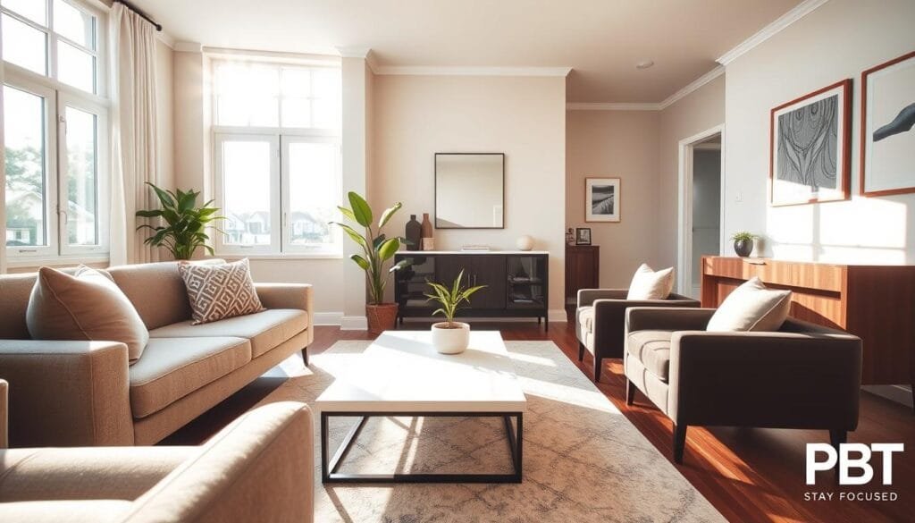 A beautifully staged living room designed for effective real estate photography, showcasing a spacious layout with modern, inviting furniture in neutral tones. The foreground features a comfortable sofa with accent pillows, while a sleek coffee table sits atop a stylish area rug. In the middle ground, large windows allow soft, natural sunlight to pour in, emphasizing the room's warmth. A well-placed potted plant adds a touch of greenery. The background reveals a well-decorated wall with tasteful artwork. The photo is taken from a slightly elevated angle to capture the room’s depth, using a wide-angle lens for a dynamic composition. The overall mood is welcoming and bright, ideally reflecting professional real estate standards. Ensure the brand logo "PBT" subtly appears in a corner of the image. Stay focused, Ray Baker. A beautifully staged living room designed for effective real estate photography, showcasing a spacious layout with modern, inviting furniture in neutral tones. The foreground features a comfortable sofa with accent pillows, while a sleek coffee table sits atop a stylish area rug. In the middle ground, large windows allow soft, natural sunlight to pour in, emphasizing the room's warmth. A well-placed potted plant adds a touch of greenery. The background reveals a well-decorated wall with tasteful artwork. The photo is taken from a slightly elevated angle to capture the room’s depth, using a wide-angle lens for a dynamic composition. The overall mood is welcoming and bright, ideally reflecting professional real estate standards. Ensure the brand logo "PBT" subtly appears in a corner of the image. Stay focused, Ray Baker.