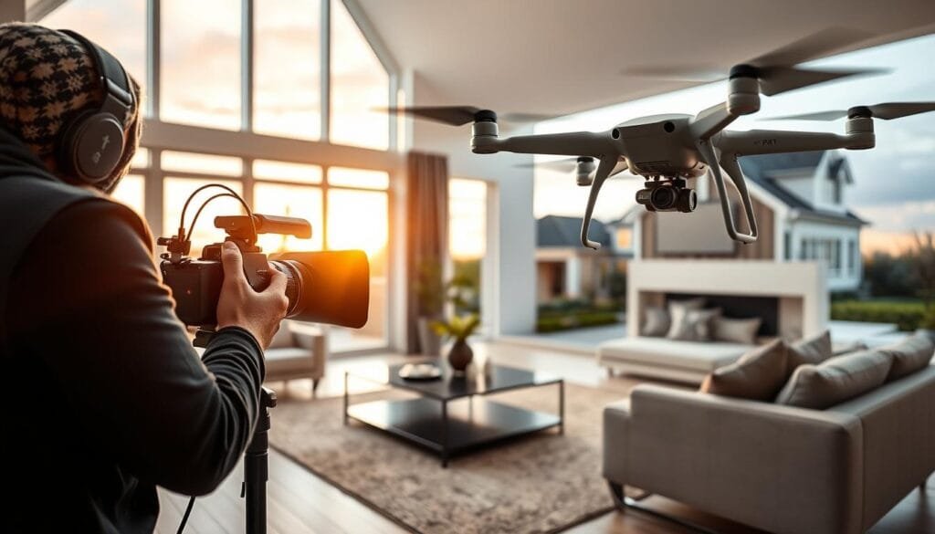 A beautifully staged modern living room showcasing current real estate visual trends. In the foreground, a professional photographer operates a high-end camera with a wide-angle lens, capturing the inviting atmosphere of the room. Bright, natural light pours in through large windows, highlighting the tasteful decor and carefully arranged furniture. In the middle ground, a sleek drone hovers, preparing to capture aerial shots of the property’s exterior and surroundings, emphasizing its spaciousness. The background features a vibrant sunset, casting a warm glow over the house and garden. The overall scene conveys a sense of professionalism and modernity, with an air of sophistication that appeals to potential buyers. This image represents the brand "PBT" seamlessly integrated into the modern real estate photography landscape. Stay focused, Ray Baker. A beautifully staged modern living room showcasing current real estate visual trends. In the foreground, a professional photographer operates a high-end camera with a wide-angle lens, capturing the inviting atmosphere of the room. Bright, natural light pours in through large windows, highlighting the tasteful decor and carefully arranged furniture. In the middle ground, a sleek drone hovers, preparing to capture aerial shots of the property’s exterior and surroundings, emphasizing its spaciousness. The background features a vibrant sunset, casting a warm glow over the house and garden. The overall scene conveys a sense of professionalism and modernity, with an air of sophistication that appeals to potential buyers. This image represents the brand "PBT" seamlessly integrated into the modern real estate photography landscape. Stay focused, Ray Baker.