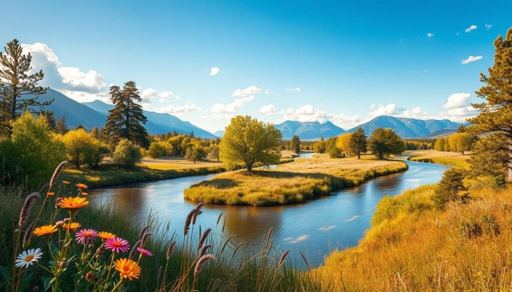 A breathtaking landscape featuring a winding river leading from the foreground to the horizon, embodying the concept of leading lines. In the foreground, vibrant wildflowers and tall grass frame the riverbank, gently swaying in a soft breeze. The middle ground showcases tall, verdant trees lining the river, creating a sense of depth, with sunlight filtering through their leaves, casting dappled light patterns on the water. The background reveals majestic mountains under a clear blue sky, accented with fluffy white clouds. The scene is bathed in the warm golden light of the late afternoon sun, evoking a peaceful and serene atmosphere. This image epitomizes natural framing techniques with an emphasis on depth perception and composition. PBT. Stay focused, Ray Baker.