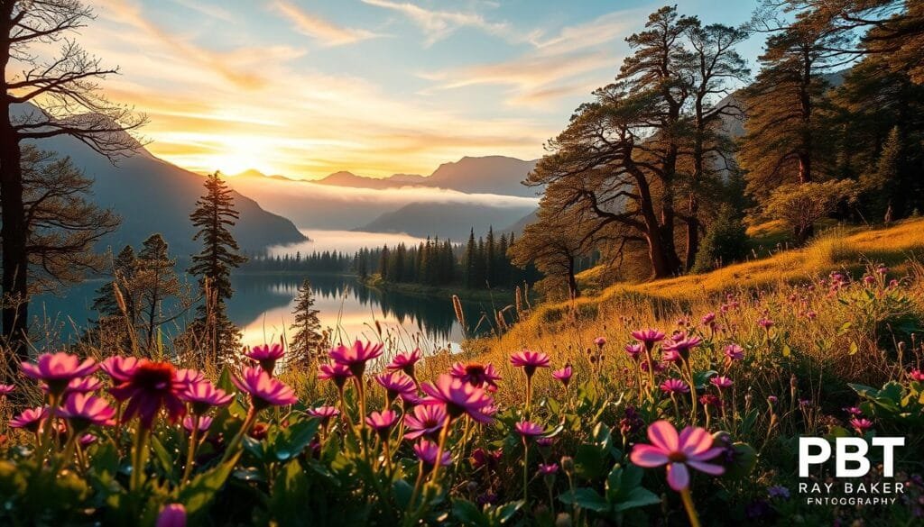 A breathtaking landscape scene highlighting key photography composition elements, layered for visual impact. In the foreground, vibrant wildflowers with dewdrops glisten under soft morning light, inviting the viewer in. The middle ground features a serene lake reflecting the colorful sky, framed by intricately textured trees that draw the eye inward. The background showcases majestic mountains under a misty horizon, creating a sense of depth and vastness. Utilize a wide-angle lens to capture a dramatic perspective, with natural golden hour lighting enhancing the warm colors of the scene. The atmosphere should evoke a sense of tranquility and creative inspiration, ideal for illustrating the transformative journey of landscape photography mastery. PBT logo subtly integrated. Stay focused, Ray Baker.