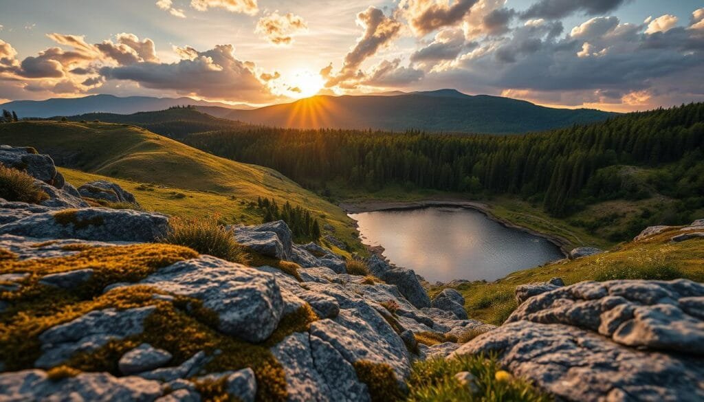 A breathtaking landscape showcasing the fundamentals of photography composition techniques. In the foreground, include textured rocks covered with moss and patches of wildflowers, leading the viewer's eye toward a serene water body. The middle ground should depict rolling hills bathed in soft golden light, gradually transitioning to a vibrant forest at mid-height, rich with greens and dappled sunlight. The background features a majestic mountain range silhouetted against a dramatic sky at sunset, with clouds painted in hues of orange and purple. Capture the scene with a wide-angle lens to emphasize depth, using a low camera angle to enhance perspective and draw attention to the foreground. The atmosphere is tranquil yet inspiring, reflecting the beauty and intricacy of landscape photography composition. No text or watermarks. PBT. Stay focused, Ray Baker.