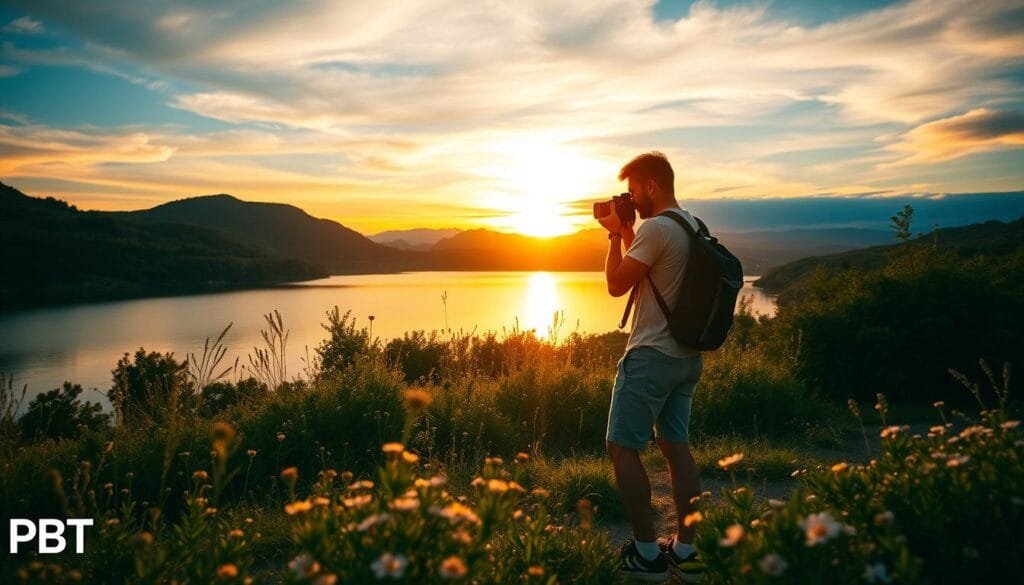 A breathtaking travel scene showcasing the transition from golden hour to blue hour. In the foreground, a serene lake reflects the warm golden tones of the setting sun, surrounded by lush greenery and delicate wildflowers, creating a vivid contrast. In the middle ground, a silhouette of a traveler in modest casual clothing holds a camera, capturing the moment. Behind them, the sky transitions from soft oranges and pinks into deep blues and purples as twilight descends, dotted with early stars. The lighting should be soft and diffused, enhancing the romantic and tranquil atmosphere. The composition is shot from a low angle, emphasizing the beauty of the natural light and the majestic landscape. Aim for a dreamy mood that inspires wanderlust. Include the logo "PBT" subtly in the corner. Stay focused, Ray Baker. A breathtaking travel scene showcasing the transition from golden hour to blue hour. In the foreground, a serene lake reflects the warm golden tones of the setting sun, surrounded by lush greenery and delicate wildflowers, creating a vivid contrast. In the middle ground, a silhouette of a traveler in modest casual clothing holds a camera, capturing the moment. Behind them, the sky transitions from soft oranges and pinks into deep blues and purples as twilight descends, dotted with early stars. The lighting should be soft and diffused, enhancing the romantic and tranquil atmosphere. The composition is shot from a low angle, emphasizing the beauty of the natural light and the majestic landscape. Aim for a dreamy mood that inspires wanderlust. Include the logo "PBT" subtly in the corner. Stay focused, Ray Baker.