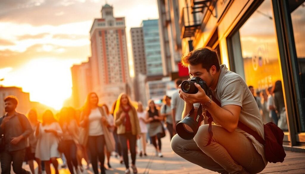 A bustling urban street scene during golden hour, capturing a diverse group of individuals engaged in daily activities, showcasing the art of street photography. In the foreground, a photographer crouches with a DSLR camera, equipped with a 50mm lens, candidly capturing moments while dressed in casual attire. The middle ground features pedestrians walking, laughing, and interacting, with light reflecting off nearby shop windows, creating an inviting atmosphere. In the background, the silhouettes of city buildings fade into a warm sunset sky, filled with soft pink and orange hues. The overall mood is vibrant and dynamic, emphasizing the essence of street life and the emotional connection within everyday moments. The image embodies the spirit of "Mastering street photography techniques" for PBT. A bustling urban street scene during golden hour, capturing a diverse group of individuals engaged in daily activities, showcasing the art of street photography. In the foreground, a photographer crouches with a DSLR camera, equipped with a 50mm lens, candidly capturing moments while dressed in casual attire. The middle ground features pedestrians walking, laughing, and interacting, with light reflecting off nearby shop windows, creating an inviting atmosphere. In the background, the silhouettes of city buildings fade into a warm sunset sky, filled with soft pink and orange hues. The overall mood is vibrant and dynamic, emphasizing the essence of street life and the emotional connection within everyday moments. The image embodies the spirit of "Mastering street photography techniques" for PBT.
