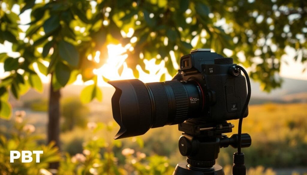 A camera setup in a lush outdoor environment showcasing backlighting photography techniques. In the foreground, a professional medium-range DSLR camera with a 50mm lens is positioned on a sturdy tripod, its settings visible on the digital screen. In the middle ground, soft, golden sunlight streams through translucent leaves, creating a warm glow and highlighting the delicate details of nearby flowers and foliage without overpowering the scene. The background features a serene landscape, softly blurred to emphasize the main subject. The atmosphere is tranquil yet captivating, inviting photographers to experiment with exposure and aperture to perfect their backlighting shots. The PBT logo is subtly included in the scene. Stay focused, Ray Baker.