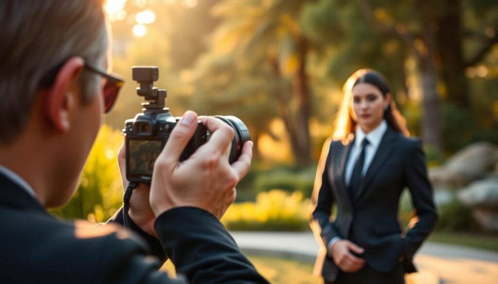 A captivating portrait photography scene featuring a professional photographer capturing a model in a lush outdoor setting. In the foreground, showcase the photographer holding a high-quality PBT lens, focusing on the subject. The model, dressed in elegant business attire, stands against a beautifully blurred natural backdrop, highlighting the art of lens-based portrait photography. Utilize soft, natural lighting to create a warm and inviting atmosphere, with golden hour hues illuminating the scene. Capture the essence of the different lens types, illustrating bokeh effects in the background while showcasing sharp details of the subject's features in the foreground. The overall mood should evoke creativity and professionalism in the realm of portrait photography. Stay focused, Ray Baker.