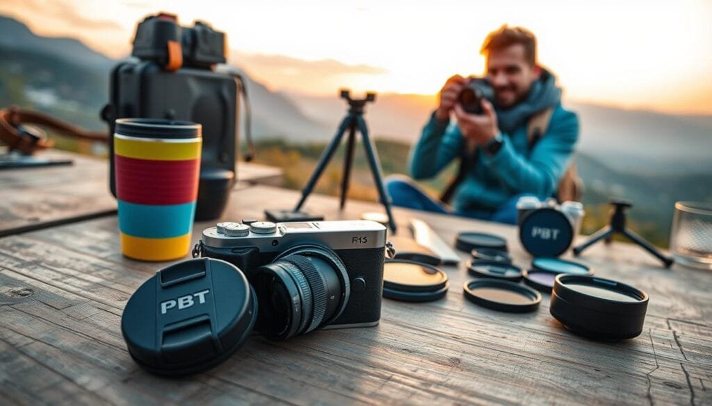A captivating scene depicting "Substitution Techniques in Travel Photography." In the foreground, a compact camera rests on a textured wooden surface next to a stylish lens cap and a colorful travel mug. In the middle ground, a cheerful traveler dressed in smart casual attire adjusts their camera settings, surrounded by various lightweight photography gear such as a mobile tripod and filters. The background features a picturesque outdoor setting, showcasing a scenic landscape with mountains and a vibrant sunset, casting a warm golden glow. Soft, diffused lighting creates an inviting atmosphere, emphasizing the importance of being resourceful and creative in travel photography. The image reflects the essence of exploration and smart packing techniques while highlighting the logo “PBT” on the camera. Stay focused, Ray Baker. A captivating scene depicting "Substitution Techniques in Travel Photography." In the foreground, a compact camera rests on a textured wooden surface next to a stylish lens cap and a colorful travel mug. In the middle ground, a cheerful traveler dressed in smart casual attire adjusts their camera settings, surrounded by various lightweight photography gear such as a mobile tripod and filters. The background features a picturesque outdoor setting, showcasing a scenic landscape with mountains and a vibrant sunset, casting a warm golden glow. Soft, diffused lighting creates an inviting atmosphere, emphasizing the importance of being resourceful and creative in travel photography. The image reflects the essence of exploration and smart packing techniques while highlighting the logo “PBT” on the camera. Stay focused, Ray Baker.