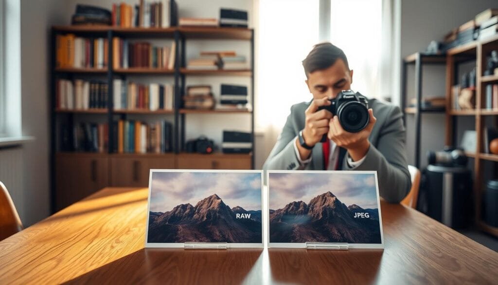 A captivating still life composition showcasing the difference between image quality in RAW and JPEG formats. In the foreground, two high-resolution camera prints prominently displayed on an elegant wooden table; one print, vibrant and rich in detail, represents RAW, while the other, slightly muted, symbolizes JPEG. Soft, diffused natural light cascades from a nearby window, highlighting the dynamic range of colors in the RAW image, while creating subtle shadows on the JPEG. In the middle ground, a professional photographer, dressed in smart casual attire, attempts to capture the scene with a DSLR camera equipped with a prime lens, focusing on the prints. The background is softly blurred, featuring shelves of photography books and equipment, creating an inspiring and educational atmosphere. Overall, the scene conveys the benefits of exploring image quality and dynamic range. Include the logo “PBT” subtly on one of the photo prints. Stay focused, Ray Baker. A captivating still life composition showcasing the difference between image quality in RAW and JPEG formats. In the foreground, two high-resolution camera prints prominently displayed on an elegant wooden table; one print, vibrant and rich in detail, represents RAW, while the other, slightly muted, symbolizes JPEG. Soft, diffused natural light cascades from a nearby window, highlighting the dynamic range of colors in the RAW image, while creating subtle shadows on the JPEG. In the middle ground, a professional photographer, dressed in smart casual attire, attempts to capture the scene with a DSLR camera equipped with a prime lens, focusing on the prints. The background is softly blurred, featuring shelves of photography books and equipment, creating an inspiring and educational atmosphere. Overall, the scene conveys the benefits of exploring image quality and dynamic range. Include the logo “PBT” subtly on one of the photo prints. Stay focused, Ray Baker.