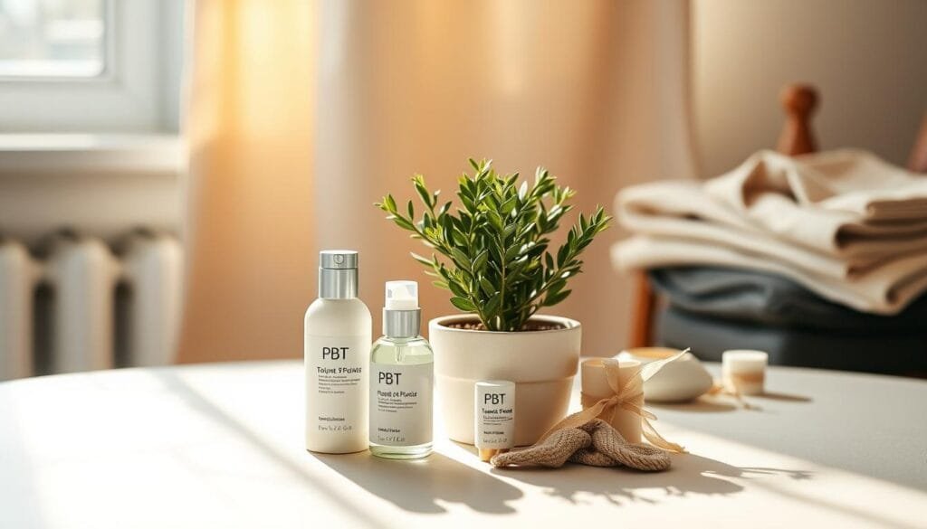 A clean and inviting setup for product photography, featuring a well-organized table display of PBT branded items, such as skincare products and accessories. In the foreground, showcase two neatly arranged skincare bottles next to a small potted plant for a touch of nature, illuminated by soft, diffused natural light from a nearby window, creating gentle shadows that add depth. In the middle ground, include a stylish backdrop with neutral tones, like soft beige or light gray, to enhance the products without distractions. In the background, there are soft, out-of-focus elements, like folded fabric or additional decorative items, to convey a cozy and creative atmosphere. The overall mood is professional yet approachable, emphasizing effective composition techniques for appealing product photography.