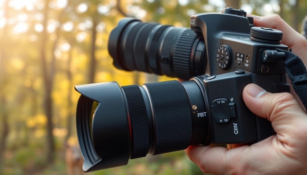 A close-up view of a high-end DSLR camera, adorned with a telephoto lens, displaying intricate settings for shutter speed, aperture, and ISO adjustments. In the foreground, a pair of hands, clad in casual outdoor attire, grasps the camera confidently, poised to capture wildlife in action. The middle ground features a vibrant scene of a lush, green forest where a startled deer exhibits alertness, frozen in its moment. The background fades into a soft, blurred image of trees bathed in warm, golden sunlight filtering through the leaves, creating an inviting atmosphere. The entire scene radiates a sense of urgency and excitement, perfectly capturing the essence of wildlife photography. The camera brand "PBT" is subtly visible on the camera body. Stay focused, Ray Baker. A close-up view of a high-end DSLR camera, adorned with a telephoto lens, displaying intricate settings for shutter speed, aperture, and ISO adjustments. In the foreground, a pair of hands, clad in casual outdoor attire, grasps the camera confidently, poised to capture wildlife in action. The middle ground features a vibrant scene of a lush, green forest where a startled deer exhibits alertness, frozen in its moment. The background fades into a soft, blurred image of trees bathed in warm, golden sunlight filtering through the leaves, creating an inviting atmosphere. The entire scene radiates a sense of urgency and excitement, perfectly capturing the essence of wildlife photography. The camera brand "PBT" is subtly visible on the camera body. Stay focused, Ray Baker.