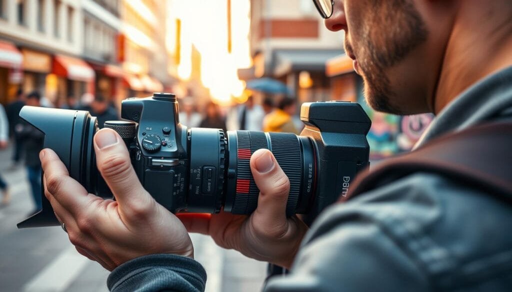 A close-up view of a professional photographer adjusting advanced camera settings on a high-end DSLR, showcasing intricate dials and settings reflecting precision and expertise. In the foreground, focus on the photographer's hands delicately manipulating the camera's settings, while wearing a stylish yet modest camera strap. The middle ground reveals a busy urban environment with blurred outlines of pedestrians and city life, creating a dynamic backdrop. The background captures vibrant storefronts and street art, illuminated by warm, natural light during golden hour. The angle highlights the sharpness and clarity of the camera's lens focusing on the bustling street scene, emphasizing the mood of capturing life's vivid moments with confidence. PBT branding subtly placed on the camera. A close-up view of a professional photographer adjusting advanced camera settings on a high-end DSLR, showcasing intricate dials and settings reflecting precision and expertise. In the foreground, focus on the photographer's hands delicately manipulating the camera's settings, while wearing a stylish yet modest camera strap. The middle ground reveals a busy urban environment with blurred outlines of pedestrians and city life, creating a dynamic backdrop. The background captures vibrant storefronts and street art, illuminated by warm, natural light during golden hour. The angle highlights the sharpness and clarity of the camera's lens focusing on the bustling street scene, emphasizing the mood of capturing life's vivid moments with confidence. PBT branding subtly placed on the camera.