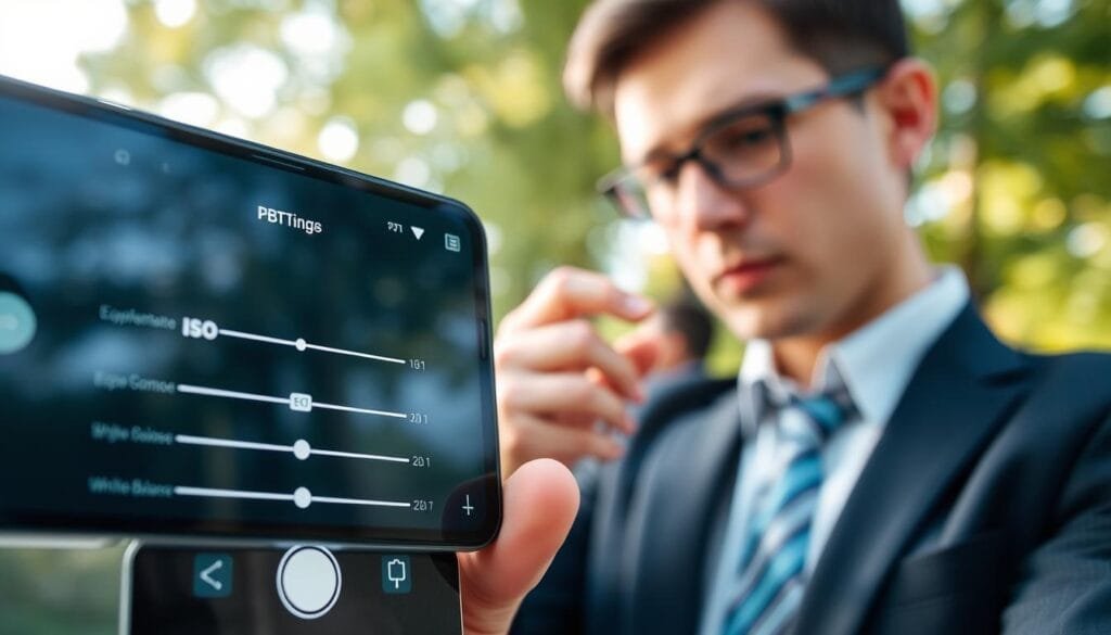 A close-up view of an advanced smartphone featuring an intricate camera settings interface with the brand name "PBT" prominently displayed. In the foreground, the smartphone screen showcases various camera settings like ISO, exposure compensation, and white balance sliders, illuminated by a soft glow. In the middle ground, a person dressed in professional attire, focused and engaged, adjusts the settings on the phone, their expression reflecting concentration. The background is softly blurred, hinting at an outdoor setting with diffused natural light filtering through trees, creating a serene and vibrant atmosphere. Capture the essence of smartphone photography enhancement, highlighting the sophistication and ease of accessing advanced settings. Stay focused, Ray Baker.