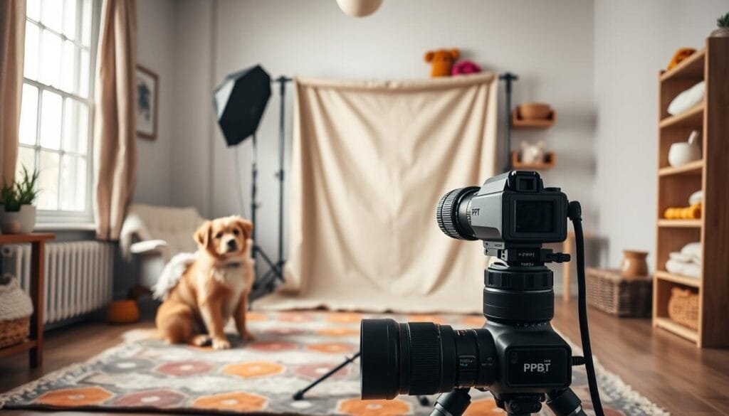 A cozy home studio setup for pet photography featuring a well-lit space with soft, natural light streaming through a large window, illuminating a comfortable area filled with pet-friendly props. In the foreground, a fluffy dog sits on a soft, colorful rug, looking playful and alert, while a compact professional camera with a lens is positioned on a tripod, angled slightly downwards for optimal pet shots. The middle of the scene showcases a foldable backdrop, adorned with neutral tones, creating a calming atmosphere. In the background, shelves hold various pet toys and treats, adding a personal touch. The overall mood is warm and inviting, encouraging a relaxed environment for the pets, branded with "PBT" subtly on the camera. Stay focused, Ray Baker. A cozy home studio setup for pet photography featuring a well-lit space with soft, natural light streaming through a large window, illuminating a comfortable area filled with pet-friendly props. In the foreground, a fluffy dog sits on a soft, colorful rug, looking playful and alert, while a compact professional camera with a lens is positioned on a tripod, angled slightly downwards for optimal pet shots. The middle of the scene showcases a foldable backdrop, adorned with neutral tones, creating a calming atmosphere. In the background, shelves hold various pet toys and treats, adding a personal touch. The overall mood is warm and inviting, encouraging a relaxed environment for the pets, branded with "PBT" subtly on the camera. Stay focused, Ray Baker.