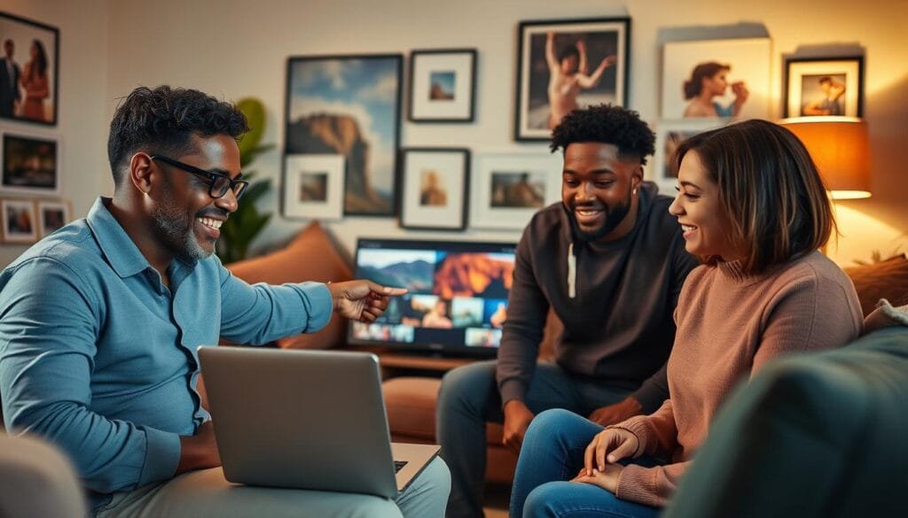 A cozy indoor setting featuring a diverse group of three friends engaged in an animated discussion about a photographer's work displayed on a laptop. In the foreground, one friend points at the screen enthusiastically, dressed in smart casual attire. The middle layer showcases the laptop displaying vibrant, captivating photographs with an artistic composition. In the background, soft lighting illuminates a comfortable living room filled with art books and framed photos, creating an inviting atmosphere. A warm color palette enhances the scene, reflecting the excitement of collaboration and creativity. The photographic style is natural and candid, with a slight depth of field, ensuring the focus remains on the friends. The ambiance feels friendly and inspiring, highlighting the benefits of sharing art and ideas. Incorporate subtle branding elements of "PBT" in decor. Stay focused, Ray Baker.
