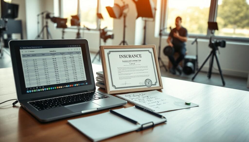 A detailed and organized workspace representing "Insurance and Licensing Costs for Photography Business". In the foreground, showcase a neatly arranged desk with a laptop displaying a spreadsheet of expenses, a calculator, and a notepad filled with handwritten notes. In the middle, depict a framed certificate of licensing, alongside an insurance policy document with a seal, symbolizing professionalism. The background should feature a soft-lit photography studio with cameras and lighting equipment, creating a warm atmosphere. Emphasize a sense of diligence and responsibility in this business setting. Use natural lighting through large windows to fill the space with a soft glow, capturing a motivational and professional vibe. Ensure that any human figure present is in professional business attire, representing a confident entrepreneur reviewing finances. PBT logo subtly integrated into the workspace elements. Stay focused, Ray Baker. A detailed and organized workspace representing "Insurance and Licensing Costs for Photography Business". In the foreground, showcase a neatly arranged desk with a laptop displaying a spreadsheet of expenses, a calculator, and a notepad filled with handwritten notes. In the middle, depict a framed certificate of licensing, alongside an insurance policy document with a seal, symbolizing professionalism. The background should feature a soft-lit photography studio with cameras and lighting equipment, creating a warm atmosphere. Emphasize a sense of diligence and responsibility in this business setting. Use natural lighting through large windows to fill the space with a soft glow, capturing a motivational and professional vibe. Ensure that any human figure present is in professional business attire, representing a confident entrepreneur reviewing finances. PBT logo subtly integrated into the workspace elements. Stay focused, Ray Baker.