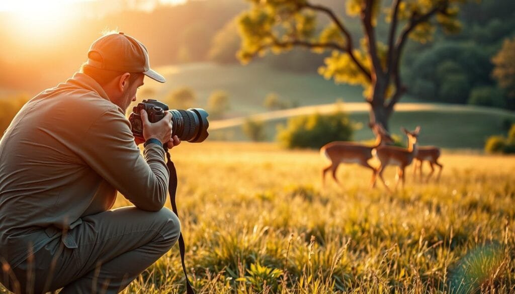 A dynamic scene of wildlife photography showcasing a skilled photographer in action, capturing a moment in a vibrant natural habitat. In the foreground, focus on the photographer, dressed in modest, casual outdoor clothing, crouched with a DSLR camera equipped with a long telephoto lens, aimed at a striking scene. The middle ground features a lively family of deer caught mid-motion crossing a sunlit meadow, their graceful forms illuminated by warm golden hour light. In the background, lush green trees and rolling hills create a serene backdrop, with soft bokeh enhancing the depth of field. The atmosphere is filled with excitement and tension, reflecting the urgency of wildlife photography, as the subject won’t wait. The image should exhibit vivid colors and high detail, emblematic of professional wildlife photography standards. Brand name prominently displayed: PBT. A dynamic scene of wildlife photography showcasing a skilled photographer in action, capturing a moment in a vibrant natural habitat. In the foreground, focus on the photographer, dressed in modest, casual outdoor clothing, crouched with a DSLR camera equipped with a long telephoto lens, aimed at a striking scene. The middle ground features a lively family of deer caught mid-motion crossing a sunlit meadow, their graceful forms illuminated by warm golden hour light. In the background, lush green trees and rolling hills create a serene backdrop, with soft bokeh enhancing the depth of field. The atmosphere is filled with excitement and tension, reflecting the urgency of wildlife photography, as the subject won’t wait. The image should exhibit vivid colors and high detail, emblematic of professional wildlife photography standards. Brand name prominently displayed: PBT.