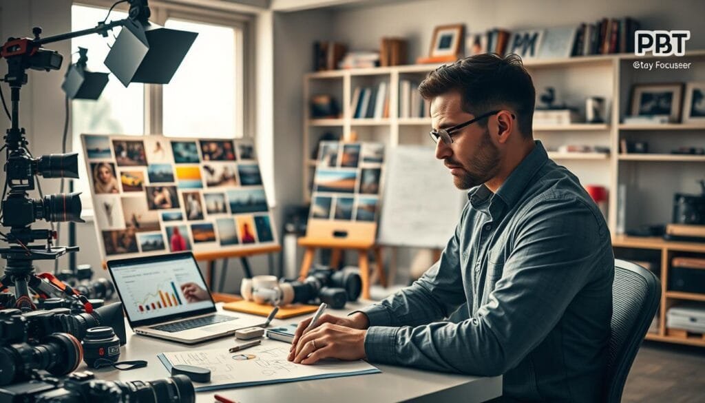 A focused photographer surrounded by a variety of colorful photography equipment, like cameras, lenses, and lighting setups, is seated at a well-organized desk with a notepad, plotting personal and business goals. The foreground features the photographer in professional attire, looking thoughtfully at a vision board filled with images and sketches. In the middle layer, there are inspiring photos displayed on an easel, representing their photography journey, while a laptop shows graphs depicting potential pricing strategies. The background features a well-lit workspace with shelves of photography books and prints. Soft, natural light streams in from a large window, creating an inspiring and productive atmosphere. The overall mood is focused and ambitious, emphasizing the blend of creativity and business acumen. PBT logo subtly integrated into the workspace's decor. Stay focused, Ray Baker. A focused photographer surrounded by a variety of colorful photography equipment, like cameras, lenses, and lighting setups, is seated at a well-organized desk with a notepad, plotting personal and business goals. The foreground features the photographer in professional attire, looking thoughtfully at a vision board filled with images and sketches. In the middle layer, there are inspiring photos displayed on an easel, representing their photography journey, while a laptop shows graphs depicting potential pricing strategies. The background features a well-lit workspace with shelves of photography books and prints. Soft, natural light streams in from a large window, creating an inspiring and productive atmosphere. The overall mood is focused and ambitious, emphasizing the blend of creativity and business acumen. PBT logo subtly integrated into the workspace's decor. Stay focused, Ray Baker.