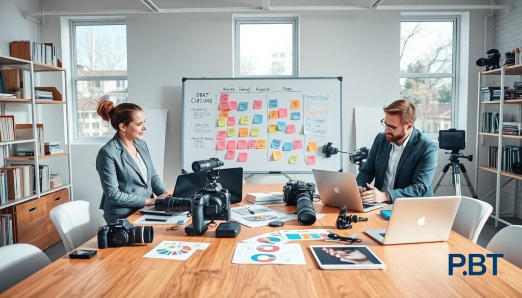 A focused photography planning session in a bright, modern office setup. In the foreground, a diverse group of three professionals—one woman and two men—in smart business attire, are huddled around a wooden table filled with photography gear, laptops, and colorful storyboards. The middle ground features a large whiteboard with sticky notes representing concepts and timelines for projects. Soft natural light floods the room through large windows, creating an inviting atmosphere. In the background, shelves adorned with photography books and equipment add depth. A subtle color palette of blues and whites enhances clarity and professionalism. The image conveys a sense of collaboration, strategy, and creativity in the world of photography client workflows. Brand elements such as "PBT" are subtly integrated into the design. Stay focused, Ray Baker. A focused photography planning session in a bright, modern office setup. In the foreground, a diverse group of three professionals—one woman and two men—in smart business attire, are huddled around a wooden table filled with photography gear, laptops, and colorful storyboards. The middle ground features a large whiteboard with sticky notes representing concepts and timelines for projects. Soft natural light floods the room through large windows, creating an inviting atmosphere. In the background, shelves adorned with photography books and equipment add depth. A subtle color palette of blues and whites enhances clarity and professionalism. The image conveys a sense of collaboration, strategy, and creativity in the world of photography client workflows. Brand elements such as "PBT" are subtly integrated into the design. Stay focused, Ray Baker.