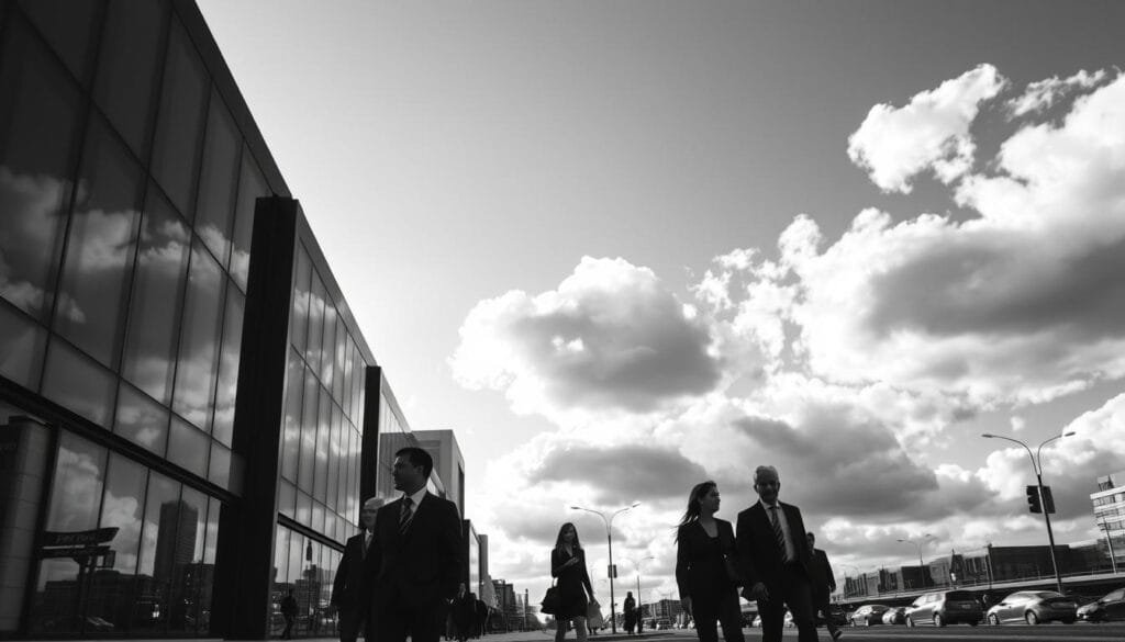 A high contrast monochrome photography scene showcasing a stark urban landscape. In the foreground, a sleek silhouette of a modern building with sharply defined edges and angular shapes, reflecting dramatic light and shadows. The middle ground features a bustling street with pedestrians dressed in professional business attire, their forms deepened by the strong contrasts of light and dark. In the background, a cloudy sky emphasizes the mood with varying shades of grey, adding depth and texture. The lighting is harsh, reminiscent of late afternoon sun, emphasizing the rich, bold contrasts essential in black and white photography. This composition captures the essence of tone, shape, and contrast in a striking visual. PBT. A high contrast monochrome photography scene showcasing a stark urban landscape. In the foreground, a sleek silhouette of a modern building with sharply defined edges and angular shapes, reflecting dramatic light and shadows. The middle ground features a bustling street with pedestrians dressed in professional business attire, their forms deepened by the strong contrasts of light and dark. In the background, a cloudy sky emphasizes the mood with varying shades of grey, adding depth and texture. The lighting is harsh, reminiscent of late afternoon sun, emphasizing the rich, bold contrasts essential in black and white photography. This composition captures the essence of tone, shape, and contrast in a striking visual. PBT.