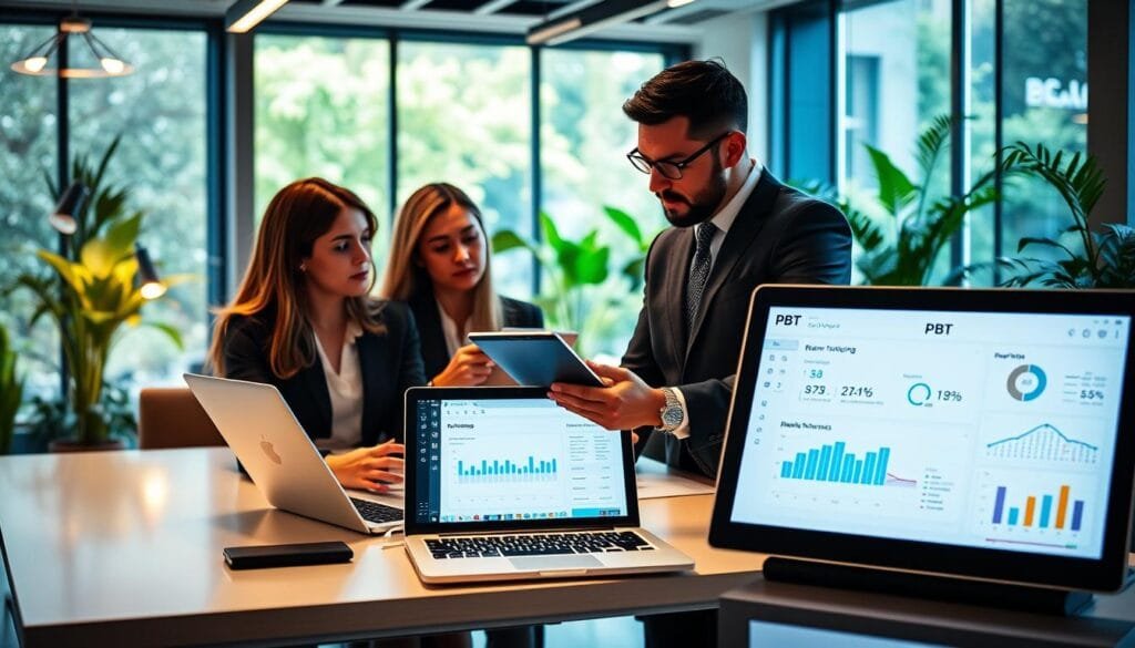 A modern digital workspace showcasing a diverse group of professionals collaborating over referral management tools. In the foreground, a woman and a man in professional business attire use laptops and tablets displaying referral tracking software, engaged in discussion. The middle ground features a sleek desk with a digital dashboard highlighting referral metrics and analytics. In the background, large windows provide natural light, illuminating a vibrant office environment filled with greenery. The atmosphere is dynamic and productive, conveying focus and innovation. Soft, warm lighting enhances the sense of teamwork and efficiency. The brand name "PBT" subtly incorporated into the design of the digital interface on the devices raises brand awareness without overt display. Stay focused, Ray Baker.