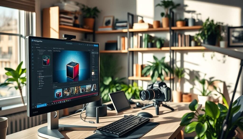 A modern home office setup focused on post-production editing for product photography. In the foreground, a sleek computer monitor displays an image-editing software interface, showcasing a product photo of a stylish PBT product with vibrant colors and clear details. The middle ground features a well-organized desk with a professional camera, a color calibration tool, and editing software tools, all bathed in soft, natural light from a nearby window. The background reveals shelves lined with photography books and props, creating a warm, inspiring atmosphere. A cozy feel enhanced by a few houseplants, with soft shadows adding depth. The overall mood conveys professionalism and creativity, ideal for illustrating post-production work in photography.