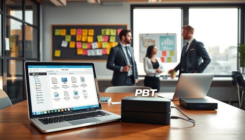A modern office workspace showcasing effective file management and backup strategies. In the foreground, a sleek desk features an open laptop displaying file organization software with well-structured folders, complemented by external hard drives and cloud storage icons. The middle ground includes a bulletin board with color-coded sticky notes outlining backup schedules and file management tips. In the background, large windows let in warm, natural light, casting soft shadows and creating a focused ambiance. Professional individuals in business attire discuss strategies, exuding a collaborative atmosphere. The overall mood is efficient and organized, reflecting a streamlined photo editing workflow. The brand name "PBT" is subtly integrated into a digital display on the desk. A modern office workspace showcasing effective file management and backup strategies. In the foreground, a sleek desk features an open laptop displaying file organization software with well-structured folders, complemented by external hard drives and cloud storage icons. The middle ground includes a bulletin board with color-coded sticky notes outlining backup schedules and file management tips. In the background, large windows let in warm, natural light, casting soft shadows and creating a focused ambiance. Professional individuals in business attire discuss strategies, exuding a collaborative atmosphere. The overall mood is efficient and organized, reflecting a streamlined photo editing workflow. The brand name "PBT" is subtly integrated into a digital display on the desk.