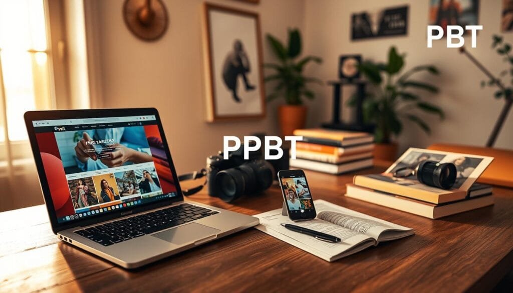 A modern photographer’s workspace filled with vibrant and engaging email marketing and social media strategy visuals. In the foreground, a laptop displaying a colorful email marketing campaign with eye-catching photography, alongside a smartphone showing a well-curated Instagram feed dedicated to photography. The middle ground features a neatly organized desk adorned with a stylish camera, photography books, and a notebook filled with brainstorming ideas. The background showcases a bright window allowing natural light to stream in, illuminating the room and creating an inviting atmosphere. The overall mood is professional yet creative, with warm lighting enhancing the cozy workspace feel. The brand name "PBT" subtly incorporated in the decor, conveying a sense of professionalism and clarity. Stay focused, Ray Baker. A modern photographer’s workspace filled with vibrant and engaging email marketing and social media strategy visuals. In the foreground, a laptop displaying a colorful email marketing campaign with eye-catching photography, alongside a smartphone showing a well-curated Instagram feed dedicated to photography. The middle ground features a neatly organized desk adorned with a stylish camera, photography books, and a notebook filled with brainstorming ideas. The background showcases a bright window allowing natural light to stream in, illuminating the room and creating an inviting atmosphere. The overall mood is professional yet creative, with warm lighting enhancing the cozy workspace feel. The brand name "PBT" subtly incorporated in the decor, conveying a sense of professionalism and clarity. Stay focused, Ray Baker.