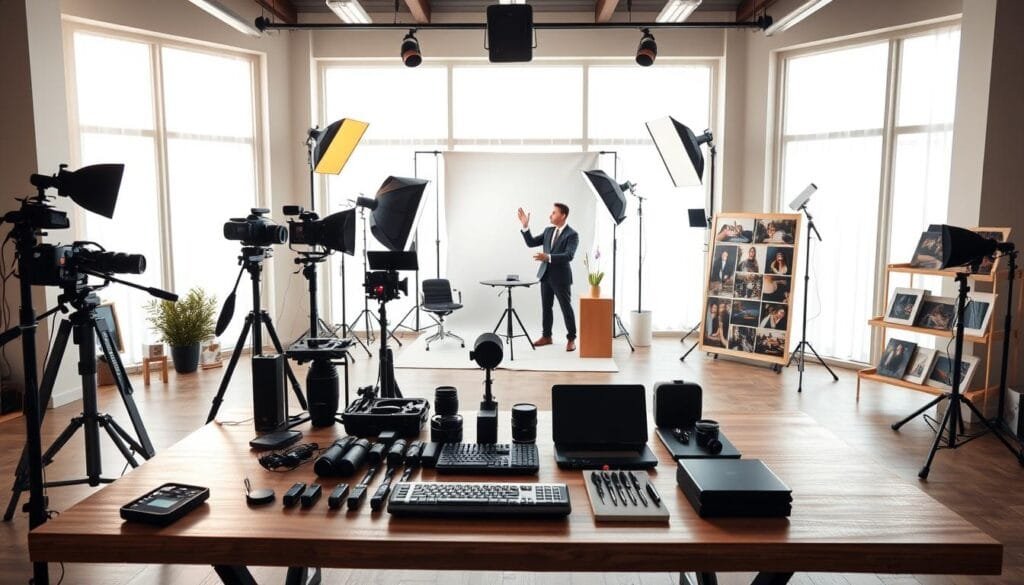A modern photography studio setup showcasing effective tips to drive sales. In the foreground, a well-organized shooting table with professional photography gear, including cameras, lenses, and lighting equipment, arranged neatly. The middle ground features a professional photographer in business attire demonstrating a creative setup with a backdrop and softboxes, creating an inviting atmosphere. In the background, soft natural light filters through large windows, illuminating an elegant display of printed photographs and albums, hinting at upselling opportunities. The overall mood is bright and professional, encouraging creativity and engagement. Shot in a warm color palette with a focus on clarity and detail, this scene embodies an effective photography sales environment, promoting the brand "PBT". Stay focused, Ray Baker. A modern photography studio setup showcasing effective tips to drive sales. In the foreground, a well-organized shooting table with professional photography gear, including cameras, lenses, and lighting equipment, arranged neatly. The middle ground features a professional photographer in business attire demonstrating a creative setup with a backdrop and softboxes, creating an inviting atmosphere. In the background, soft natural light filters through large windows, illuminating an elegant display of printed photographs and albums, hinting at upselling opportunities. The overall mood is bright and professional, encouraging creativity and engagement. Shot in a warm color palette with a focus on clarity and detail, this scene embodies an effective photography sales environment, promoting the brand "PBT". Stay focused, Ray Baker.